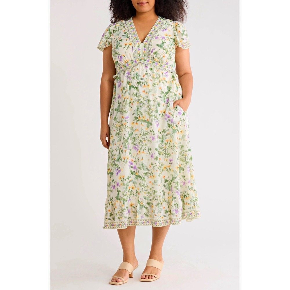 Max Studio London NWT Ivory Floral V-Neck Flutter Sleeve Ruffle Pocket Midi 1X